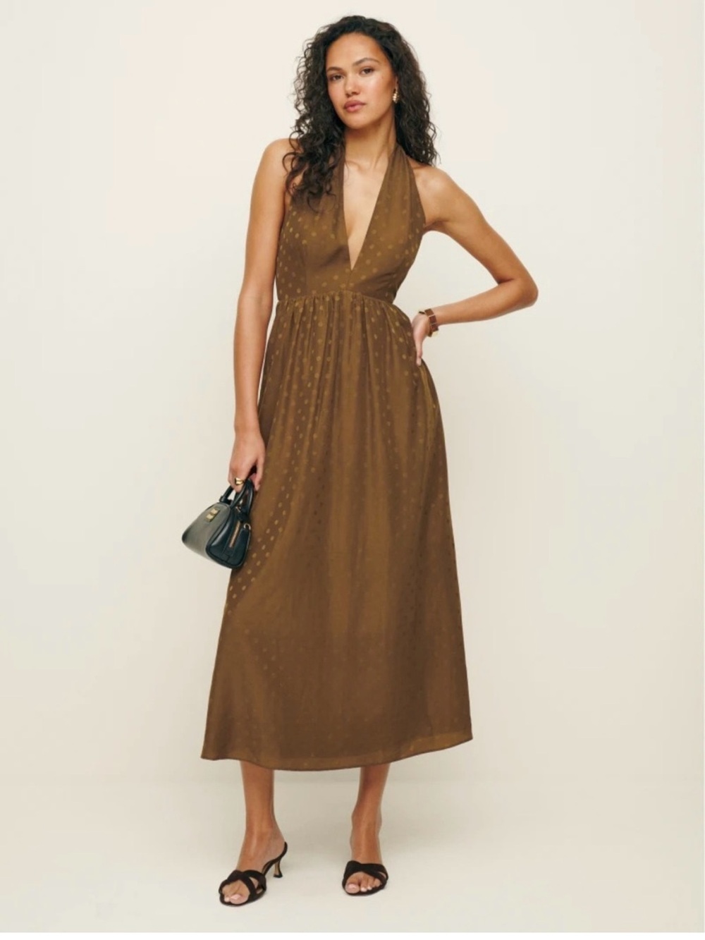 Reformation Size 4 Jovanna Polka Dot Halter Midi Dress in Ginger Brown